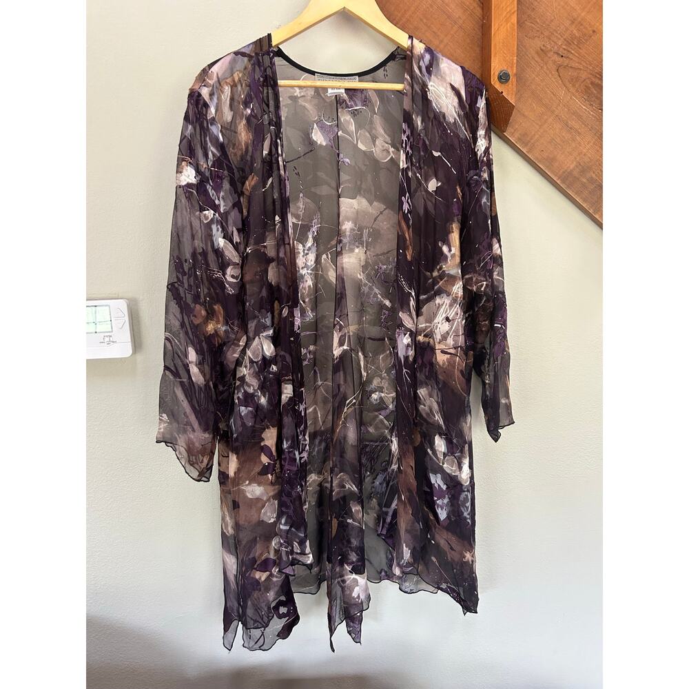 Vintage 100%silk SheerFloral KimonoPurple artsy watercolorAbstract Duster luxury